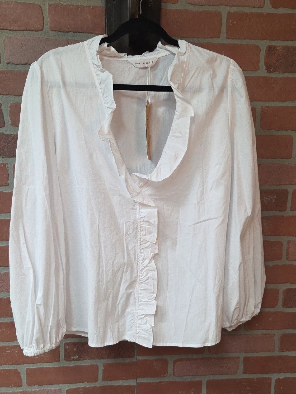 Women’s White Ruffle V-Neck Blouse - Lightweight Long Sleeve Top Lg